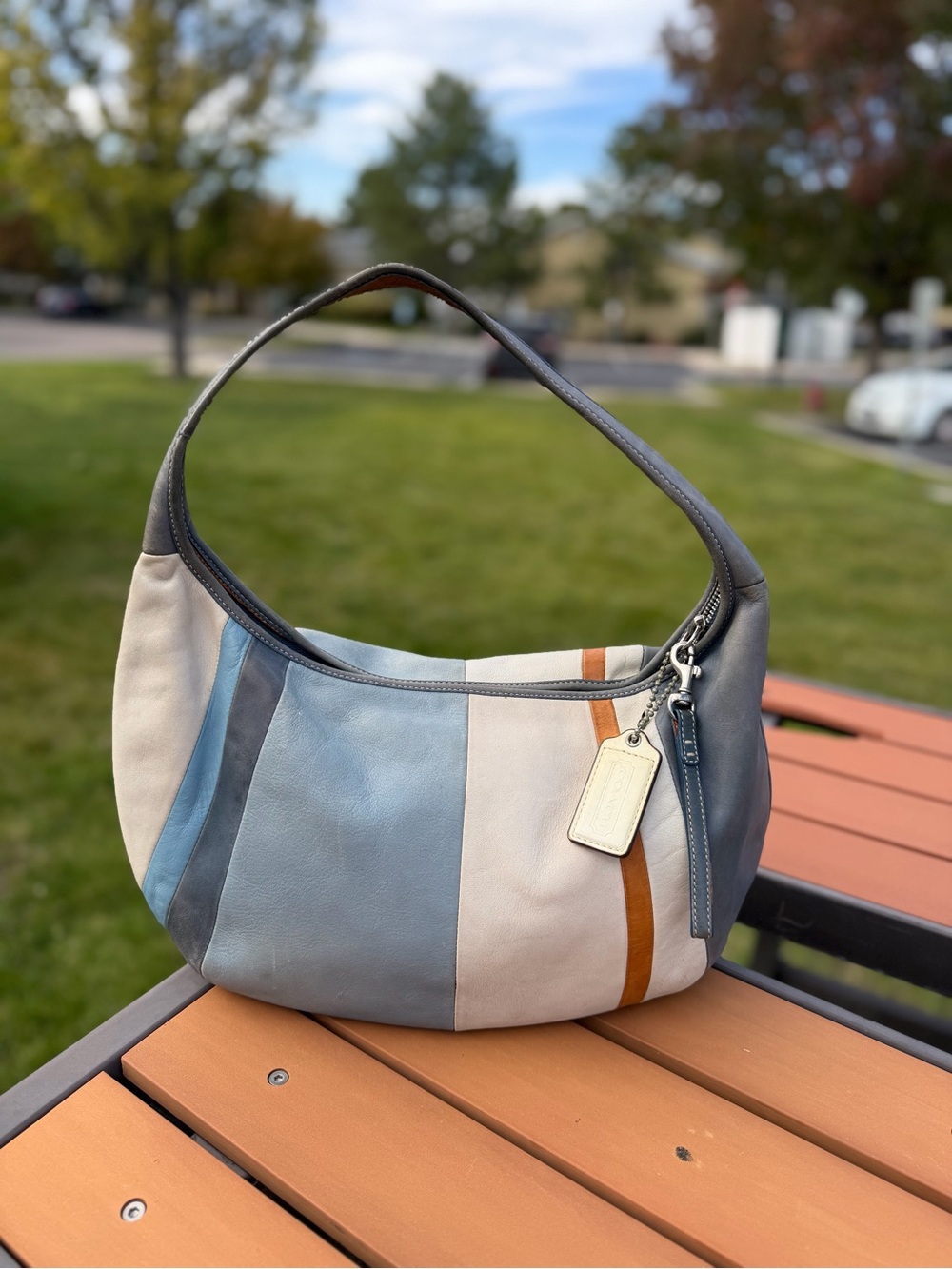 Vintage/Y2K Coach Ergo Pieced Zip 9298 Striped Leather Hobo Blue White Tan
